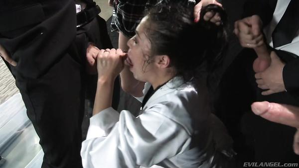 Asian whore ninja takes five priks in her Throat